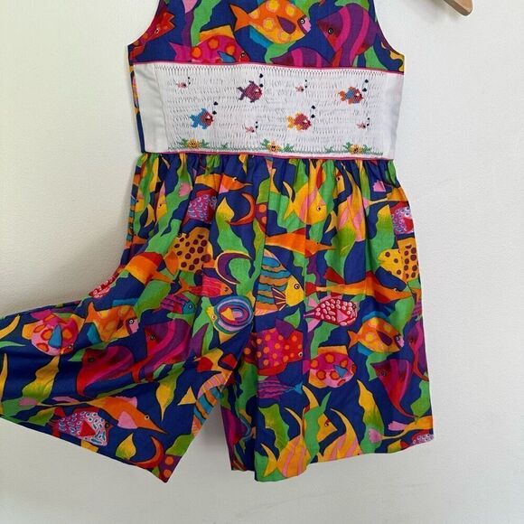 Kids SEE MEASUREMENTS Smocked Art to Wear Abstract Tropical Fish Ecosystem Wide - Picture 5 of 8
